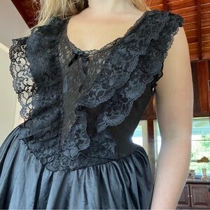 vintage Black deep v Lace Dress Ruffled bow Neckline and satin skirt bottom